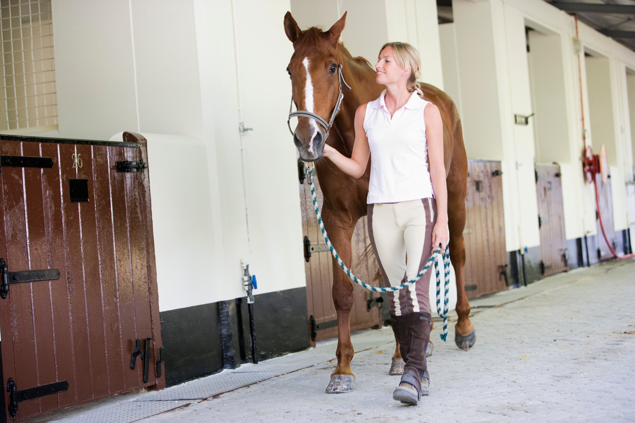 Woman with horse in stable